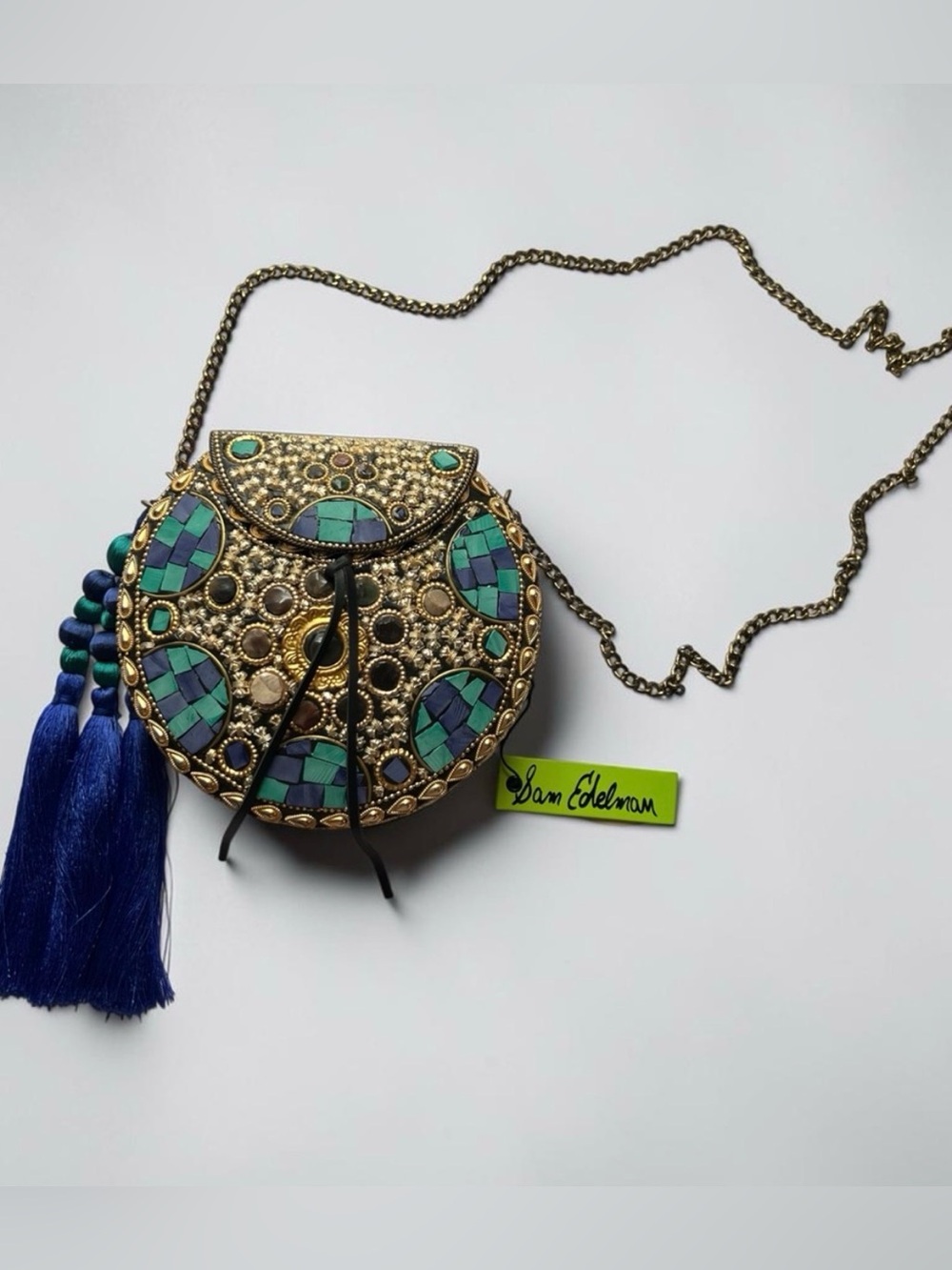 Sam Edelman Mosaic Statement Crossbody Beatrice Bag Tassel Blue Multi NWT